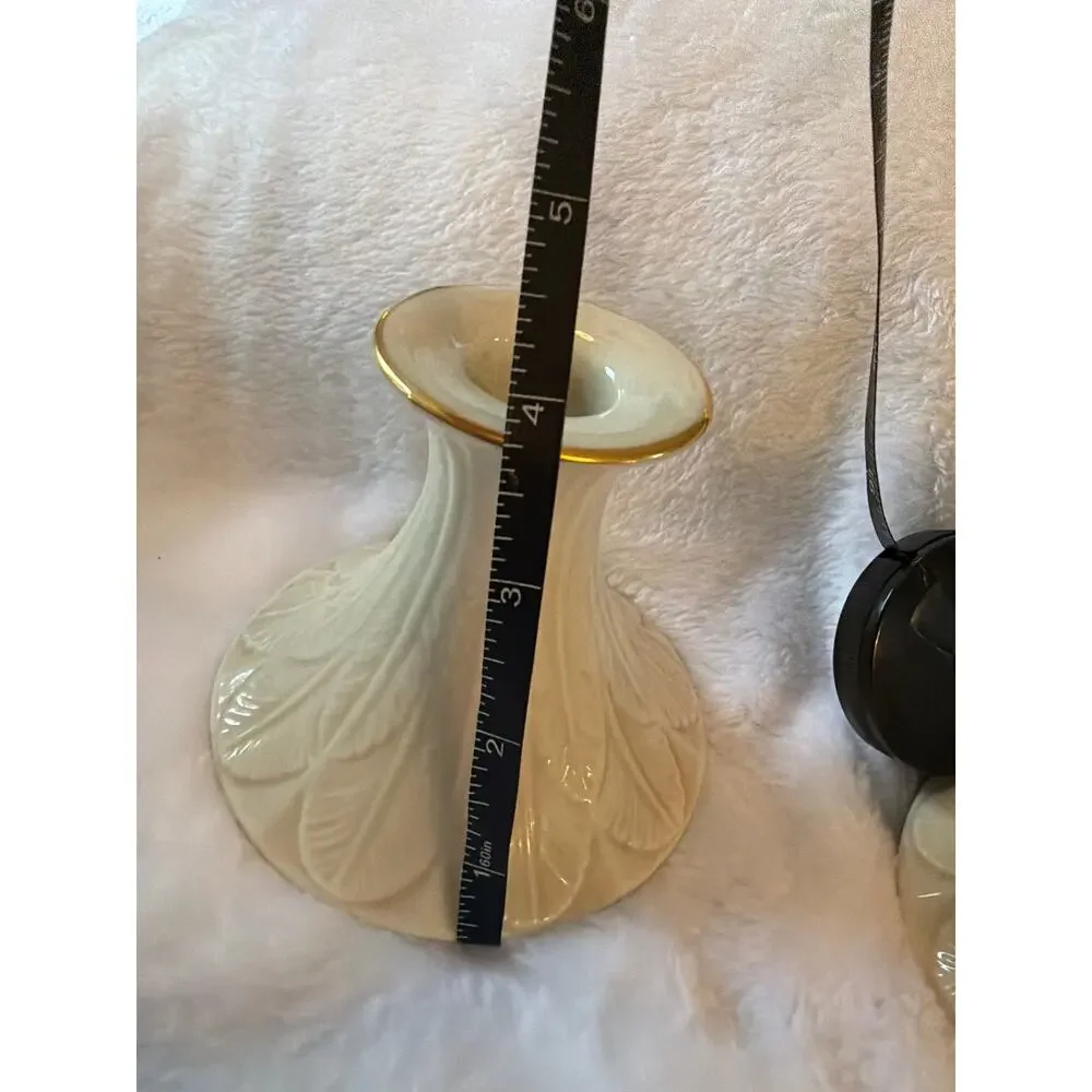 Pair Lenox Cream Gold Trim Feather Candle Holders Candlesticks Made USA 4.25